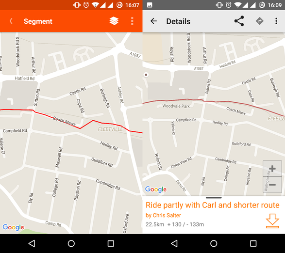 Strava (left) compared to Ride With GPS (right)