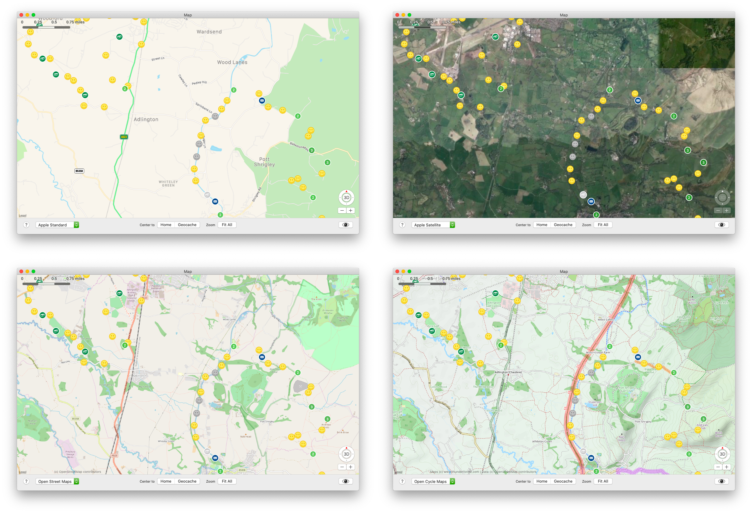 Left to right - Apple Maps, Apple Maps Satellite View, OpenStreetMap and OpenCycleMaps