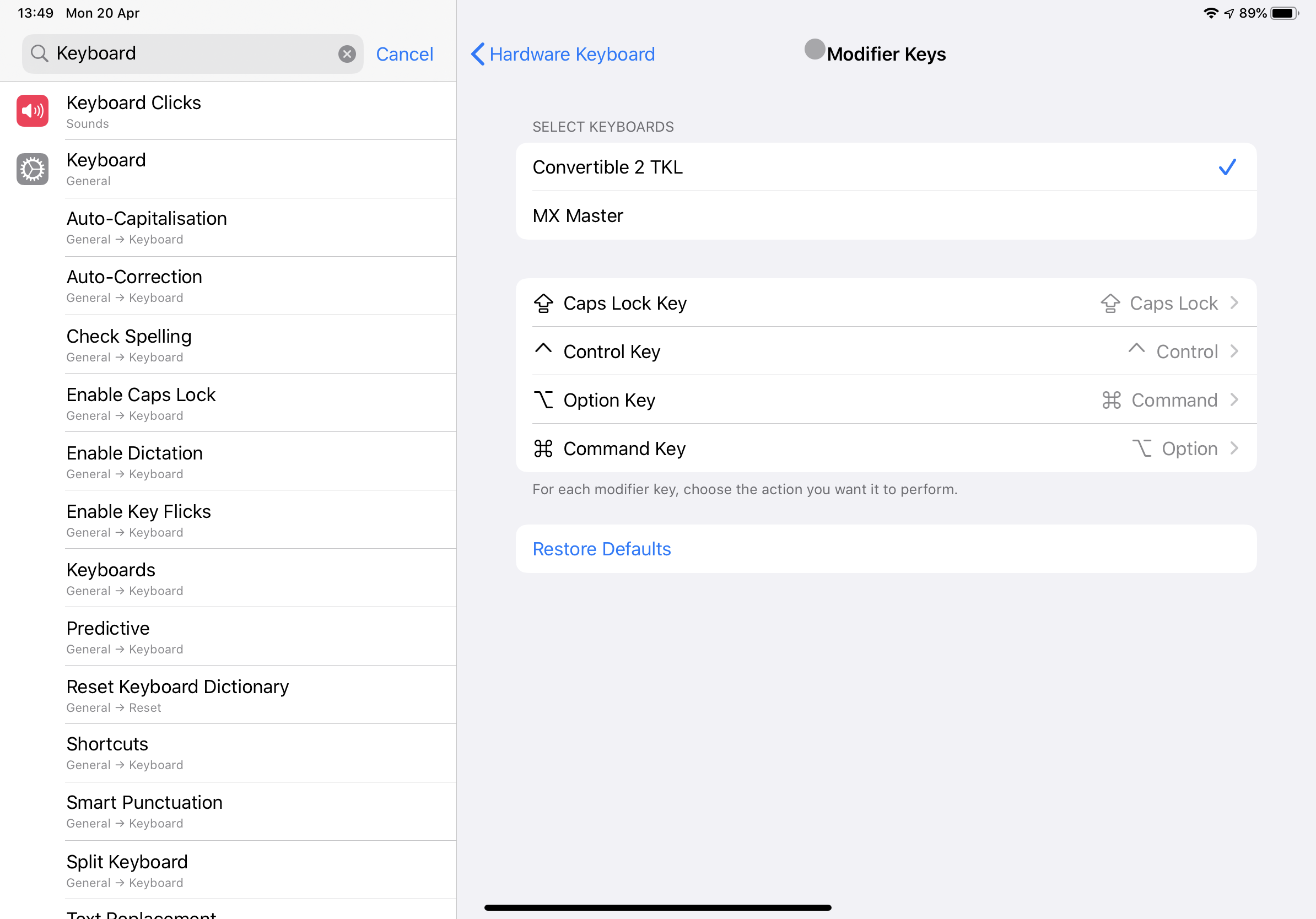 iPad OS keyboard settings