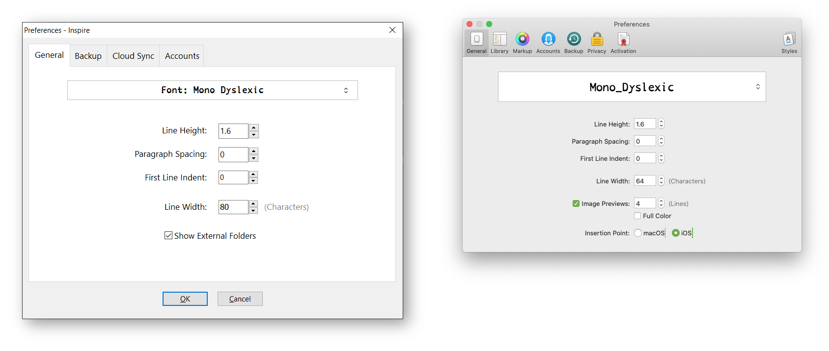 Preferences settings on Inspire and Ulysses